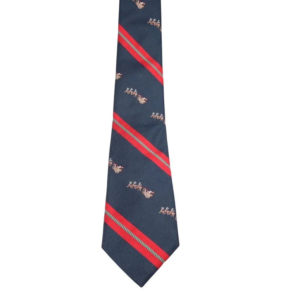 Lands End Silk Repp Tie Navy Santa Sleigh Reindeer Christmas Stripe‎ USA Made